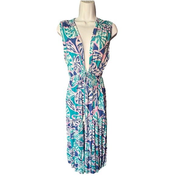 Blue Island Beach Other - Blue Island Beach Tropical Palm Maxi Dress / Swim Cover-Up Size XL Teal Royal